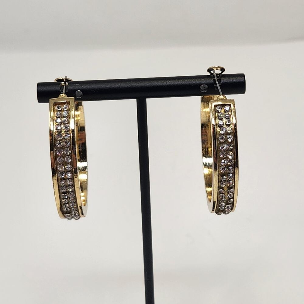 Guess Gold Tone Clear Crystal Pave Large Hoop Earrings Logo Chunky Statement